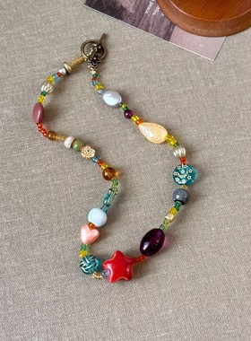 多巴胺彩色琉璃串珠星星项链