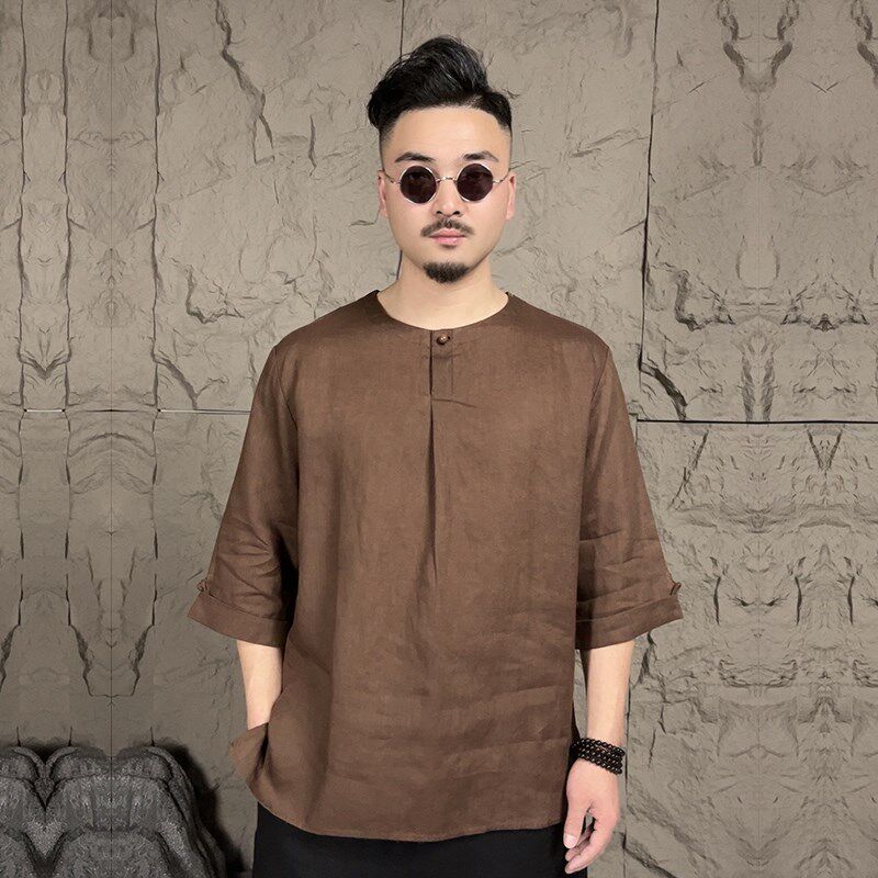 夏季薄亚麻休闲男式汉代衬衫青年复古民族风时髦纯色水洗凉大衣
