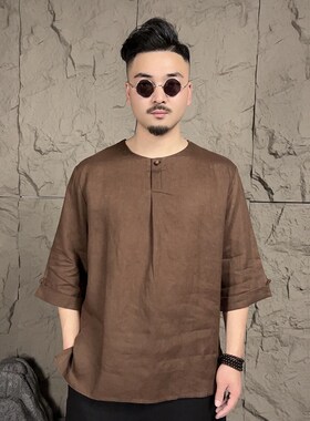 夏季薄亚麻休闲男式汉代衬衫青年复古民族风时髦纯色水洗凉大衣