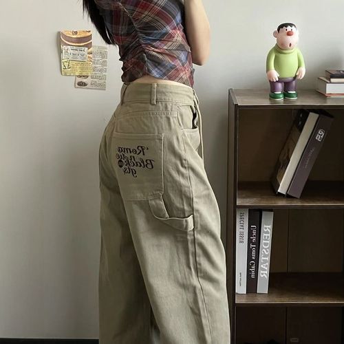 美式宽松直筒刺绣腰带绳牛仔工装裤春季新款复古街头阔腿长裤子潮