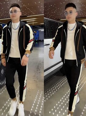 24626春季新款男士连帽气质休闲裤潮套装拼接外套运动时尚两件套