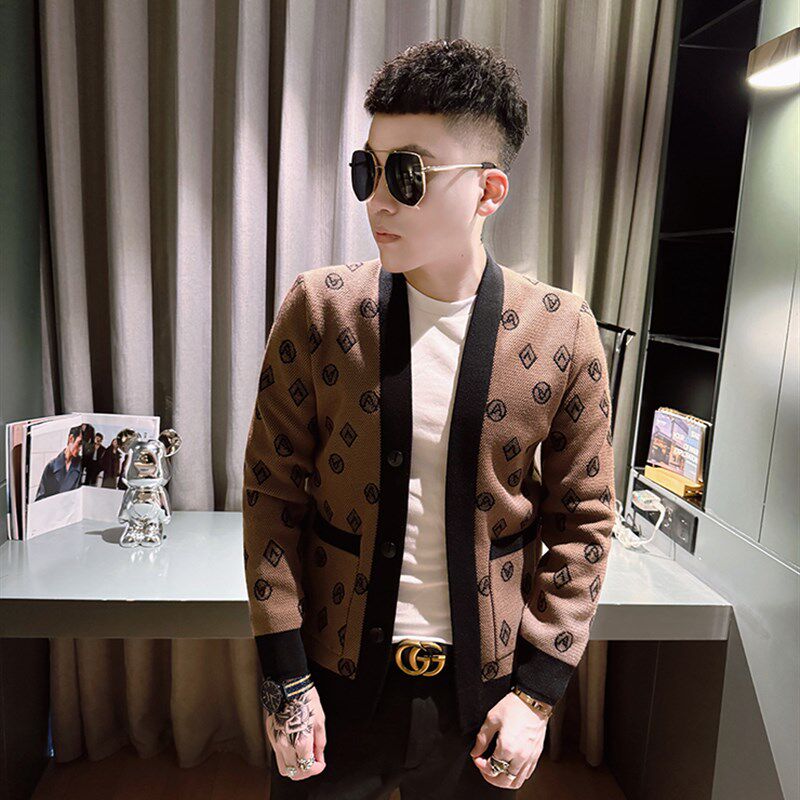 秋冬新款开衫毛衣外套男韩版修身男士潮流宇母提花V领外穿针织