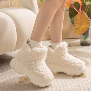 雪地靴女厚底增高外穿时尚毛绒保暖防寒情K侣松糕冬天包跟棉拖鞋