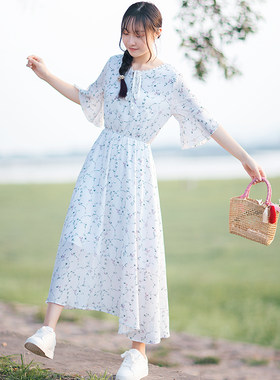 白色碎花长裙及踝雪纺连衣裙收腰显瘦气质裙子女夏学生小清新森系