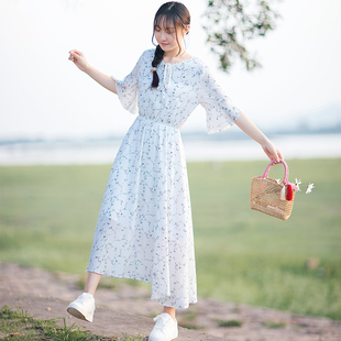 白色碎花长裙及踝雪纺连衣裙收腰显瘦气质裙子女夏学生小清新森系