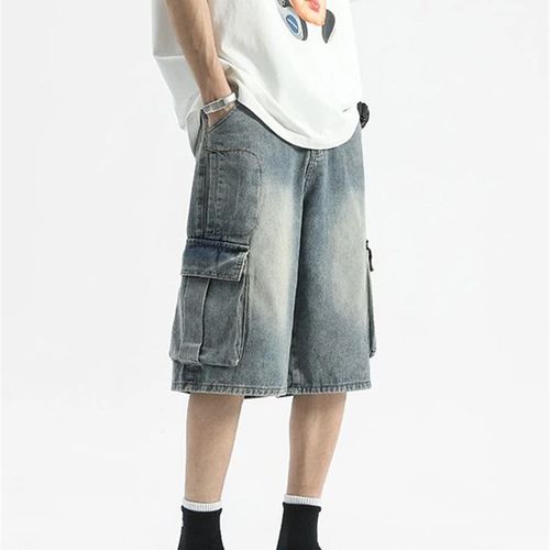 美式高街做旧大口袋工装牛仔短裤男夏季薄款宽松直筒过膝六分裤子