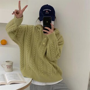 韩系宽松毛衣女秋冬温柔风加厚麻花编织连帽套头绿色针织上衣外穿
