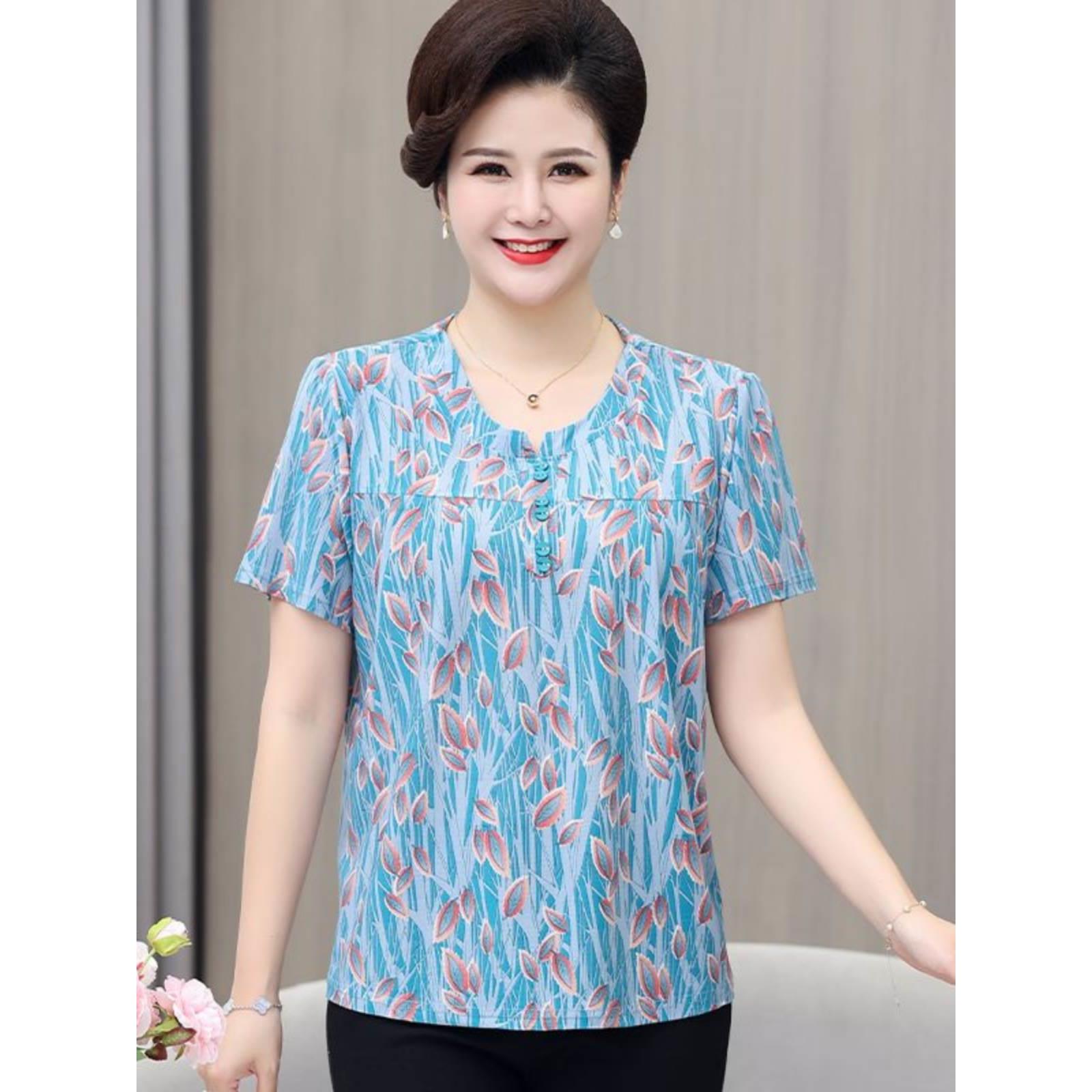 中老年女装夏装妈妈装冰丝短袖T恤加肥加大码中年宽松上衣40-50岁