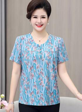 中老年女装夏装妈妈装冰丝短袖T恤加肥加大码中年宽松上衣40-50岁