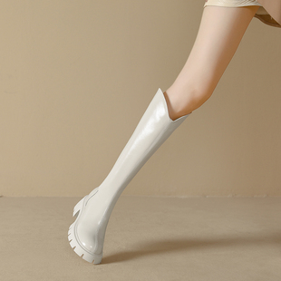 内增高9厘米白色真皮长筒靴2023秋冬新款 加绒小个子超高跟V口长靴