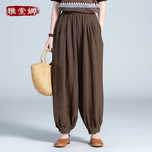 加肥潮 松紧高腰棉麻阔腿裤 2024春夏亚麻休闲束脚灯笼裤 女宽松大码