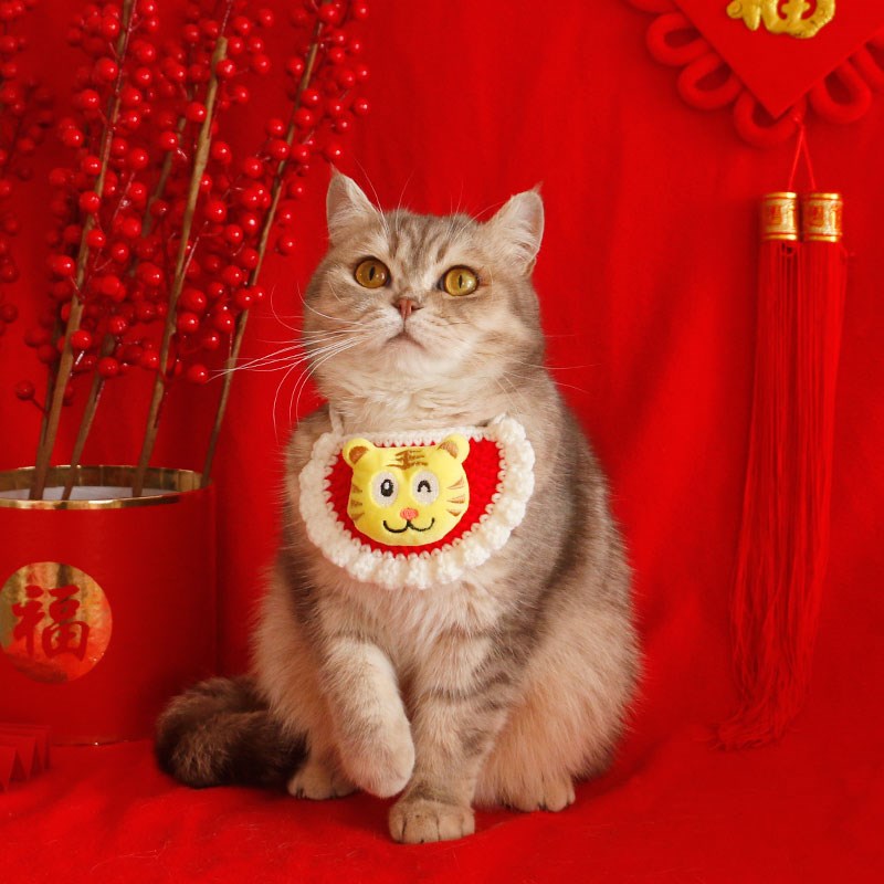 猫咪编织新年口水巾狗狗围巾手工毛线编织可爱春节宠物饰品虎年