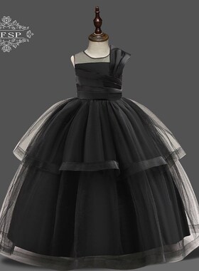 黑色礼服裙高级质感女童钢琴表演六一主持走秀乐器演奏舞蹈连衣裙