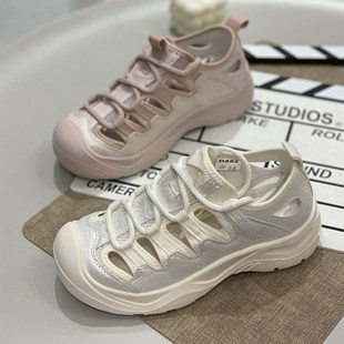 圆头百搭运动小白鞋 真皮厚底镂空透气凉鞋 休闲时尚 新款 女2024夏季