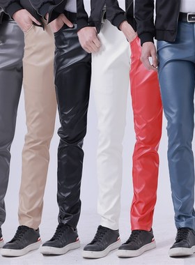 夏季薄款青年皮裤男士弹力修身时尚彩色白色酒吧网红皮裤男士青春