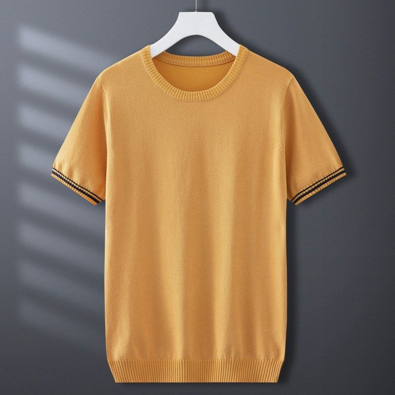 春秋短袖针织衫男潮流修身半截袖T恤白色打底衫冰丝薄款半袖毛衣