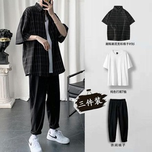 夏季 一套搭配帅气衬衫 薄款 男装 三件套2021年夏款 轻熟风小个子套装