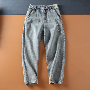 老爹裤 宽松休闲哈伦牛仔裤 好穿日系复古做旧水洗磨白破洞男士 四季