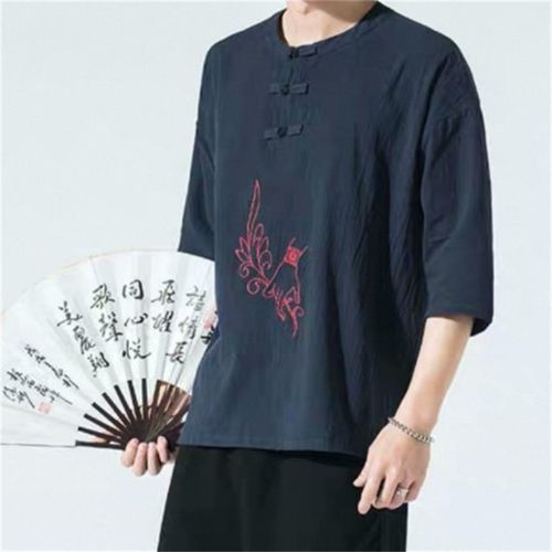 25A2B4中国风棉麻复古刺绣T恤上衣新中式古风盘扣短袖茶服体恤衫