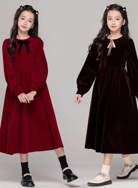 公主裙女童秋冬连衣裙儿童加绒裙子大童新年礼服裙冬季红色过年服