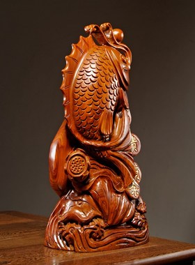 花梨木雕刻富贵有余鱼摆件动物鲤鱼G家居客厅公司店铺装饰工艺品