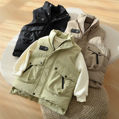 儿童加厚防风户外马甲 男童工装风绗缝丝棉坎肩170大童 冬款童装