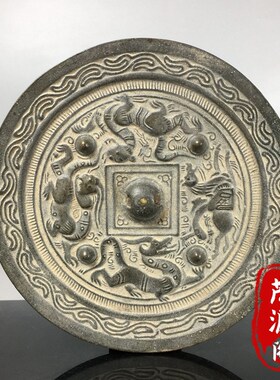 仿古铜镜摆件雕刻k四大神兽铜镜农村收来古代青铜镜民俗老物件收