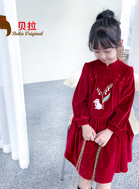 女童国风旗袍裙秋冬新款儿童加厚圣诞新年装小女孩红色丝绒连衣裙