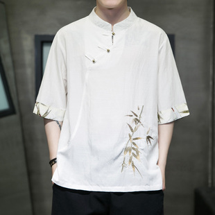 中国风古风唐装 汉服古装 男刺绣冰丝五分袖 短袖 潮 茶服宽松大码 夏季