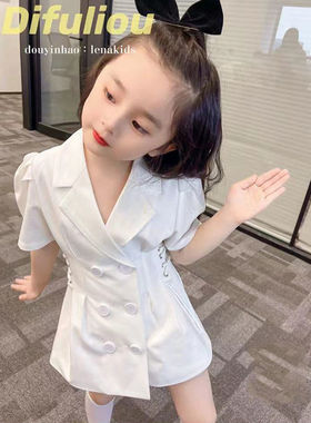 女童薄款洋气收腰公主裙2021夏款女宝宝白色泡泡袖西装连衣裙子潮