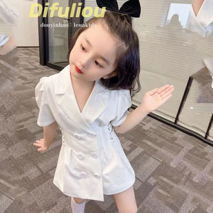 西装 女宝宝白色泡泡袖 连衣裙子潮 洋气收腰公主裙2021夏款 女童薄款