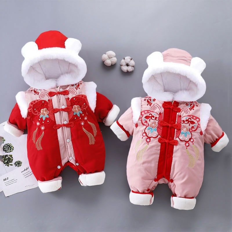 四个月宝宝衣服冬季女宝连体衣加绒加厚超萌婴儿服冬款外出棉服洋