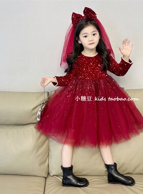 女童红色亮片网纱加绒连衣裙2025冬季新款女孩闪闪公主裙新年礼服