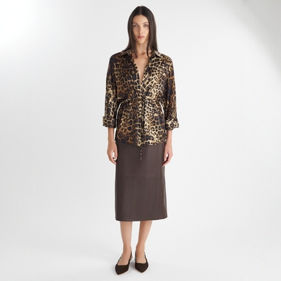 SIMONETTA RAVIZZA26春夏 豹纹系绳收腰衬衫羊皮革后开叉A字皮裙