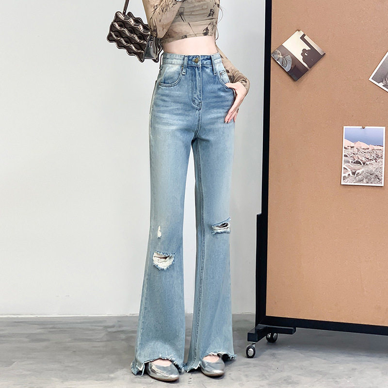 复古破洞微喇牛仔裤女2026春夏季新款高腰修身显瘦弹力裤子,女装/女士精品,牛仔裤,淘宝优惠券,粉丝福利购,淘宝优惠卷