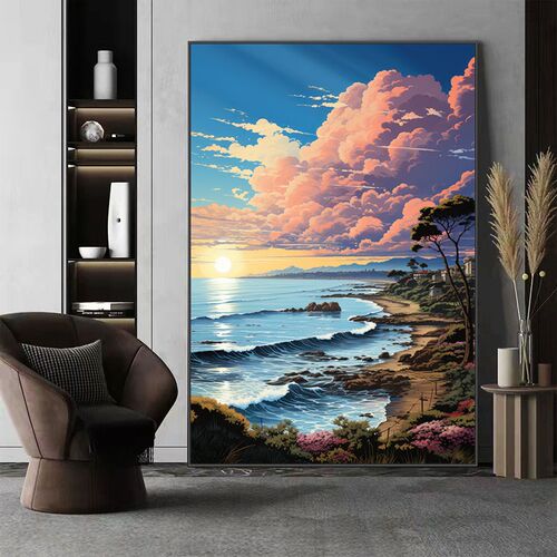 治愈日系宫崎骏风海边宁静小镇装饰画玄关挂画客厅风景壁画