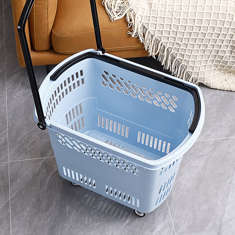 超市购物篮买菜拉杆带轮便利店塑料手提篮零食购物筐加厚收纳篮