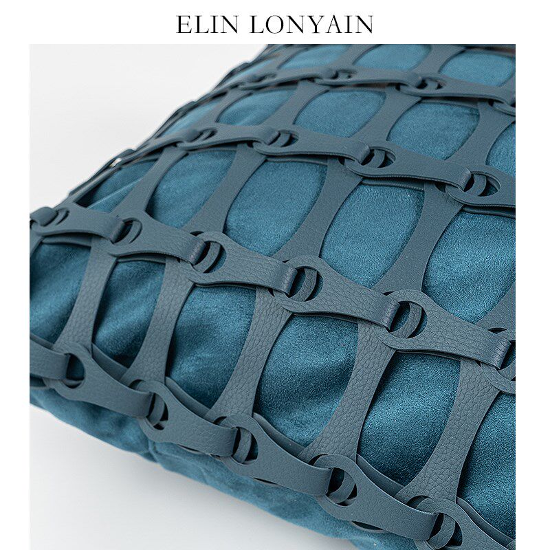ELIN LONIN现代蓝色皮质几何编织靠垫抱枕样板房方枕腰枕