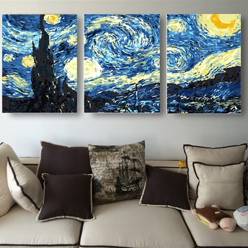diy数字油画客厅卧室抽象大幅装饰画手绘三拼三联填色画 梵高星空