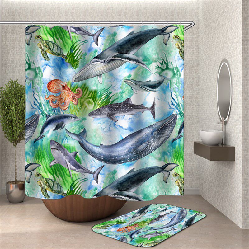 水彩画海洋生物卡通企鹅红鲤鱼浴室涤纶布防水防霉浴帘隔断浴帘布