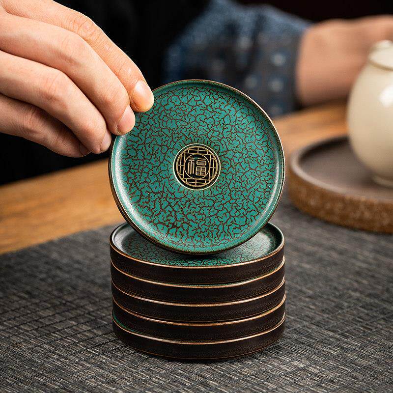 高档福字茶杯垫圆形陶瓷家用茶道配件创意隔热垫功夫茶具茶托整套