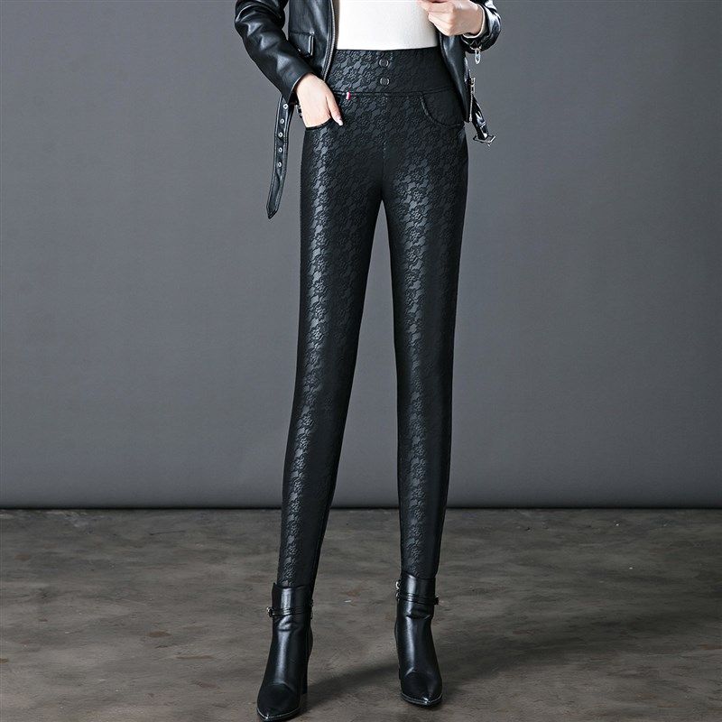 冬季加绒加厚胖MM弹力显瘦小脚长裤超高腰外穿打底裤暗花纹PU皮裤