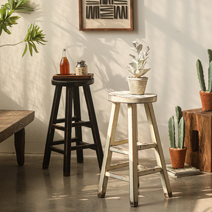 圆面高脚凳吧台凳家用高脚椅老松木实木复古做旧可做花几边几花架