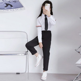 女童裤子黑色西装裤儿童男孩休闲长裤白衬衫套装学生班服中大童正