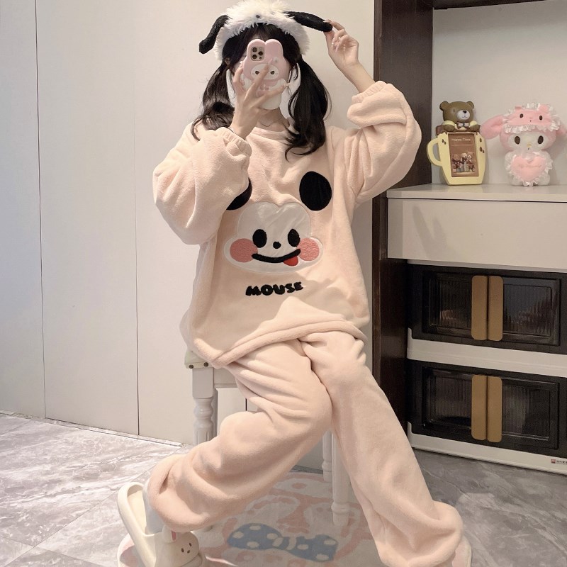 甜美卡通睡衣女士秋冬季珊瑚绒加厚加绒学生可爱保暖法兰绒家居服