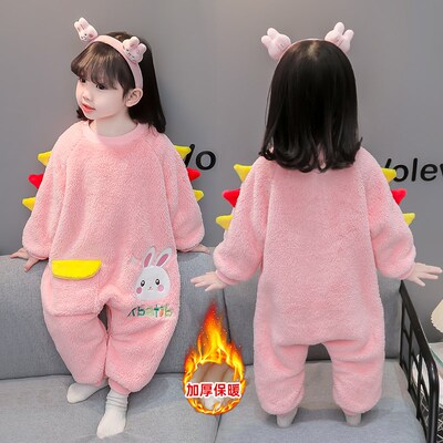 女童法兰绒连体睡衣秋冬装宝宝加绒加厚珊瑚绒睡袋爬服儿童家居服