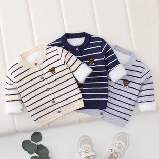 小宝宝纯棉开襟外套针织毛衣一体绒两件式套装新生幼儿男童女童秋