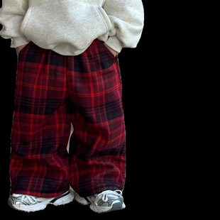 秋冬季0-6岁男童新年红色加绒长裤儿童复古格子时髦百搭阔腿裤子