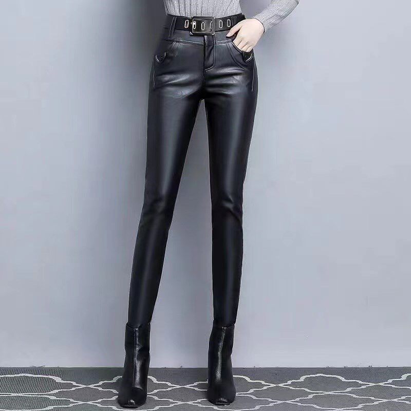 皮裤女2023新款秋冬女外穿PU皮加绒加厚弹力高腰紧身铅笔裤长裤
