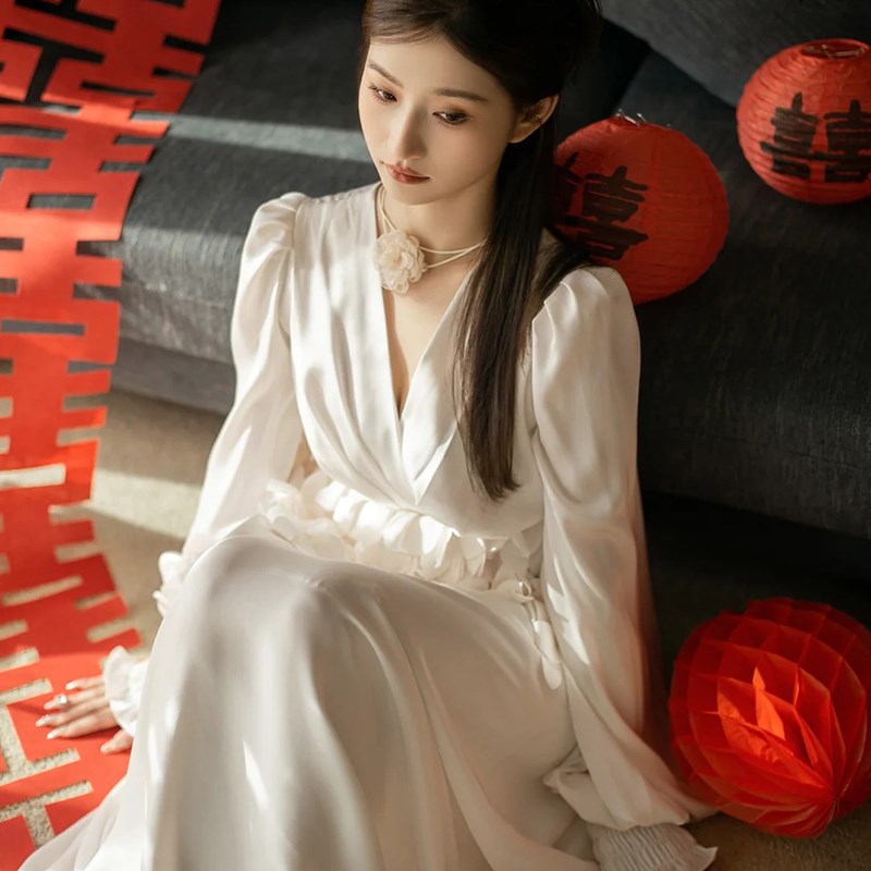 2024新款新中式高端精致白色收腰仙气晨袍连衣裙结婚生日仙女裙